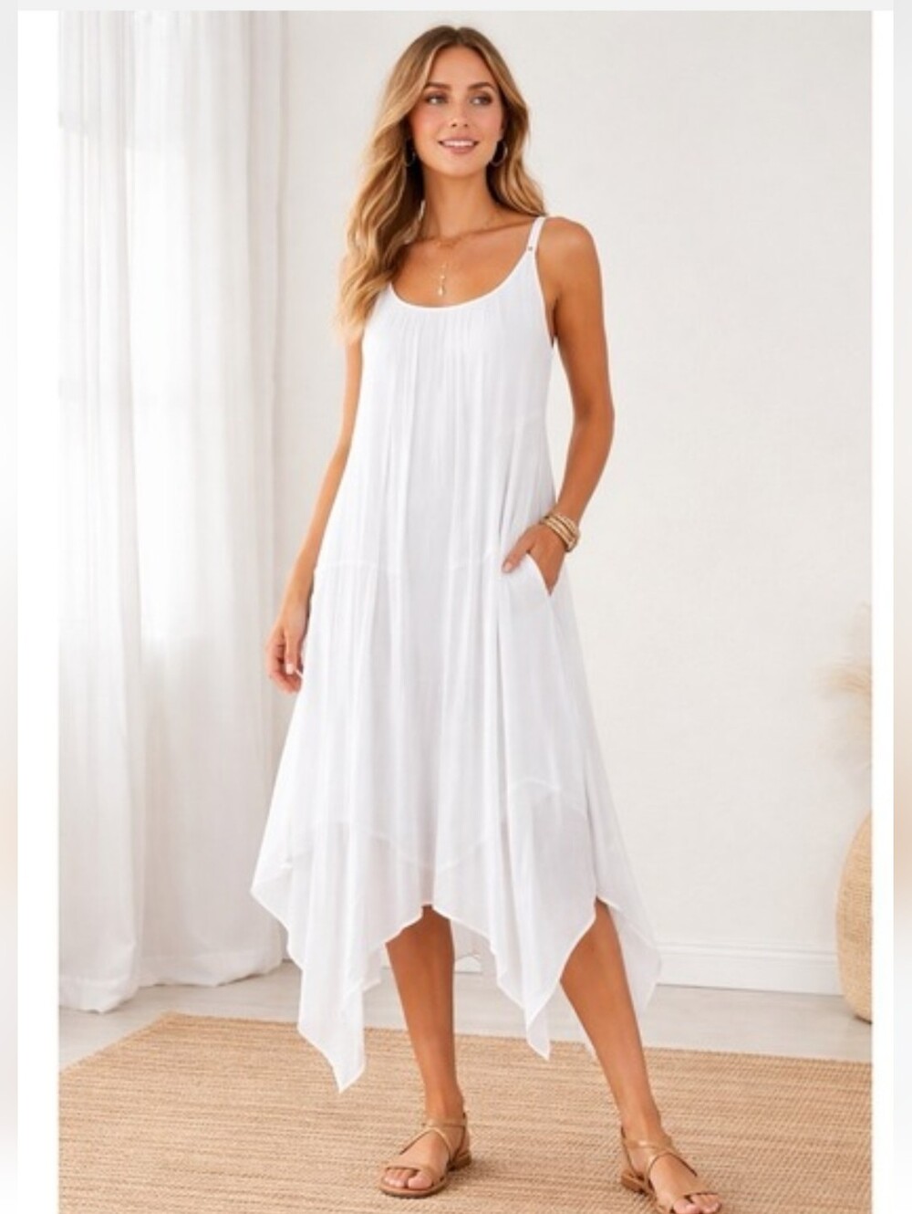 Sundance White Boho Handkerchief Hem Midi Dress Flowing Summer Resort Size Small